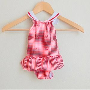 Gymboree baby girls sailor bathing suit one piece reddish Orange cross back 6-12